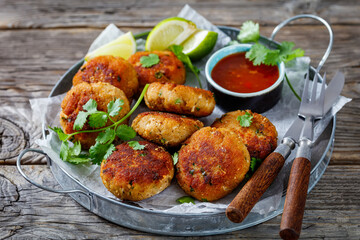 Tod man pla, thai fish cakes on a plate