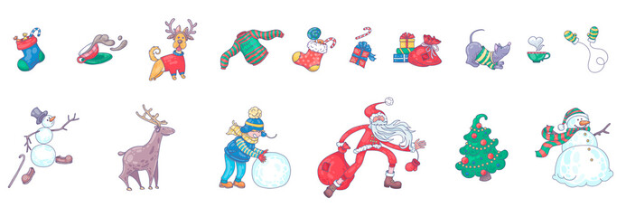 Set of Christmas characters: children, Santa Claus, deer, dogs, candy, a Cup of tea. For printing Souvenirs, fabrics or packaging.