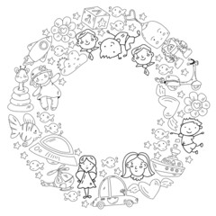 Children play with toys in the kindergarten. Kids playground. Education, creativity, imagination.