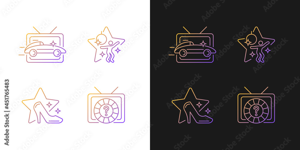 Sticker TV genres gradient icons set for dark and light mode. Car racing broadcast. Dancing competition. Thin line contour symbols bundle. Isolated vector outline illustrations collection on black and white