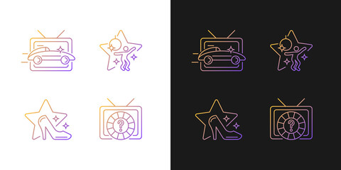 TV genres gradient icons set for dark and light mode. Car racing broadcast. Dancing competition. Thin line contour symbols bundle. Isolated vector outline illustrations collection on black and white