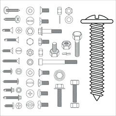 screw bolt and nuts big set outline top and side isometric view blueprint scheme  - 451765677