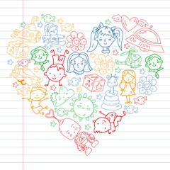 Children play with toys in the kindergarten. Kids playground. Education, creativity, imagination.