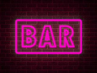 Fototapeta na wymiar Bar neon light sign on dark night brick wall