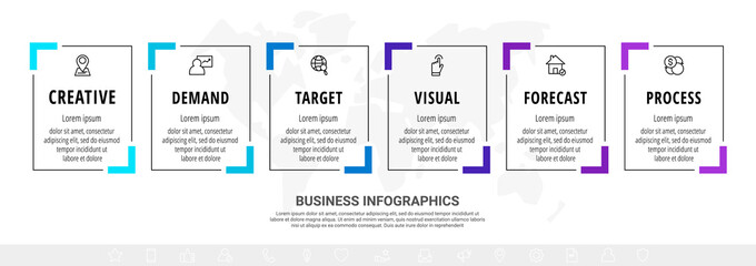 Vector minimal line infographics with rectangles and icons. Business timeline six steps by step, options, labels, squares. Flat template with 6 ways for chart, diagram, flowchart, app