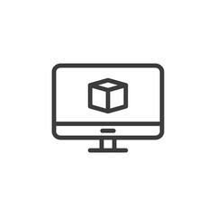 Desktop computer with box icon on white background. Package tracking concept.