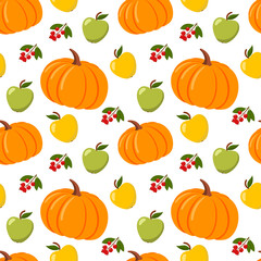 Seamless pattern with pumpkins and apples