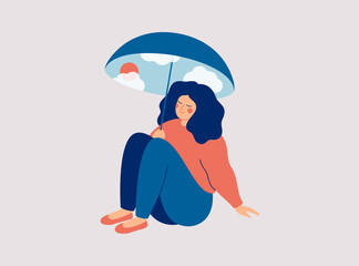 Happy woman sits under an umbrella with good weather and feels of well being. Girl sences good vibes.  Body positive and self love concept. Vector illustration
