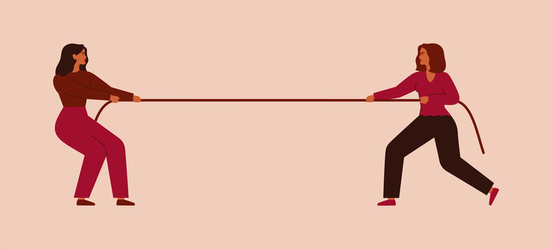 Two women tug of war and look at each other. Businesswomen pull of rope or compete for something. Concept of business competition. Vector illustration