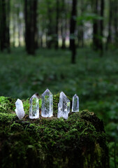 Clear crystals in mysterious dark forest, natural green background. Magic quartz minerals for...