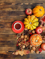 Ripe pumpkins, tea cup, apples, nuts, cinnamon on wooden background. autumn seasonal composition. fall time, mabon sabbat, thanksgiving concept. flat lay