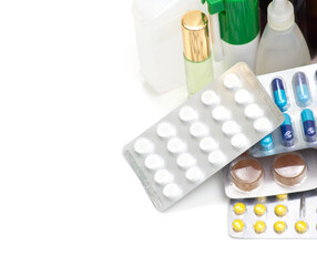 Pills with medicines on a white background