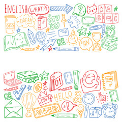 Fototapeta na wymiar Concept of learning English. Online language courses. E-learning. Pattern with vector icons.