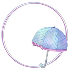A postcard with a cute blue umbrella with a pink ribbon