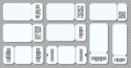 Blank mockup ticket. Concert hall blank ticket with barcode and QR code, isolated set of different modern coupons