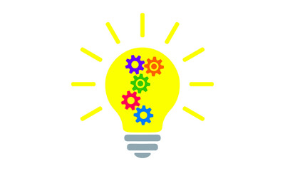 Light bulb flat icon. Lighting electric lamp with multicolored cog and gear wheels inside and rays, simple pictogram. Vector graphic design element. Creative idea sign, solution, innovation concept.