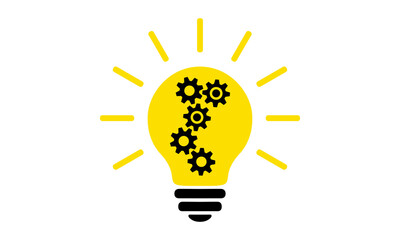 Light bulb flat icon. Lighting electric lamp with cog and gear wheels inside and rays, simple pictogram. Vector graphic design element. Creative idea sign, solution, innovation concept.