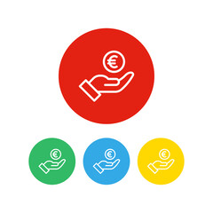 Set of 4 colorful icons. Hand with coin icon on white background. Hand with euro symbol.