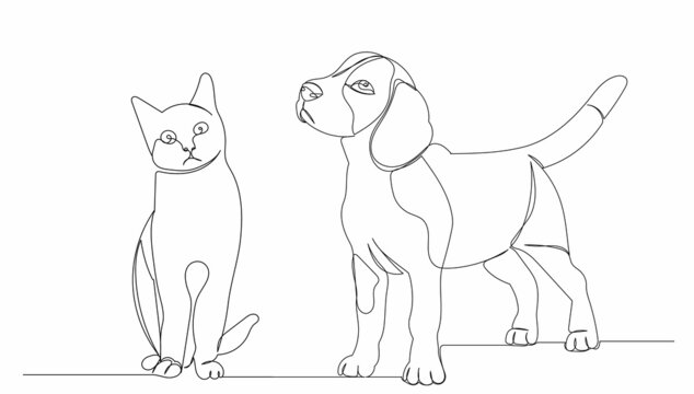 continuous line drawing of cat and dog sketch, vector