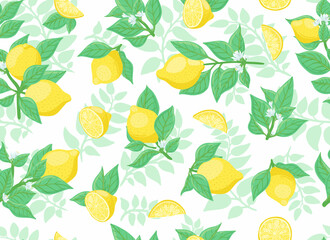 Seamless, vector, light pattern with lemons and leaves. For printing on fabric, paper or Wallpaper