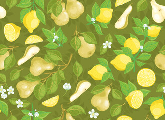 Seamless vector pattern of pears and lemons on a dark green background. For fabric, paper or Wallpaper.