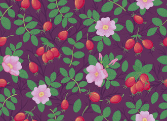 Seamless vector pattern of flowers and rosehip berries on a dark background. For fabric, paper or Wallpaper.