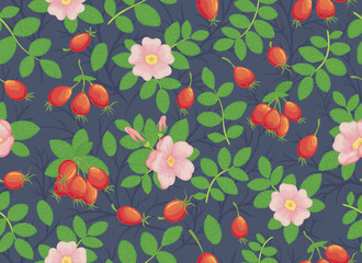Seamless vector pattern of flowers and rosehip berries on a dark background. For fabric, paper or Wallpaper.