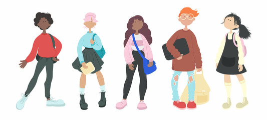 A group of young people of different races isolated on a white background. schoolchildren or students. A set of flat cartoon characters. Vector illustration.