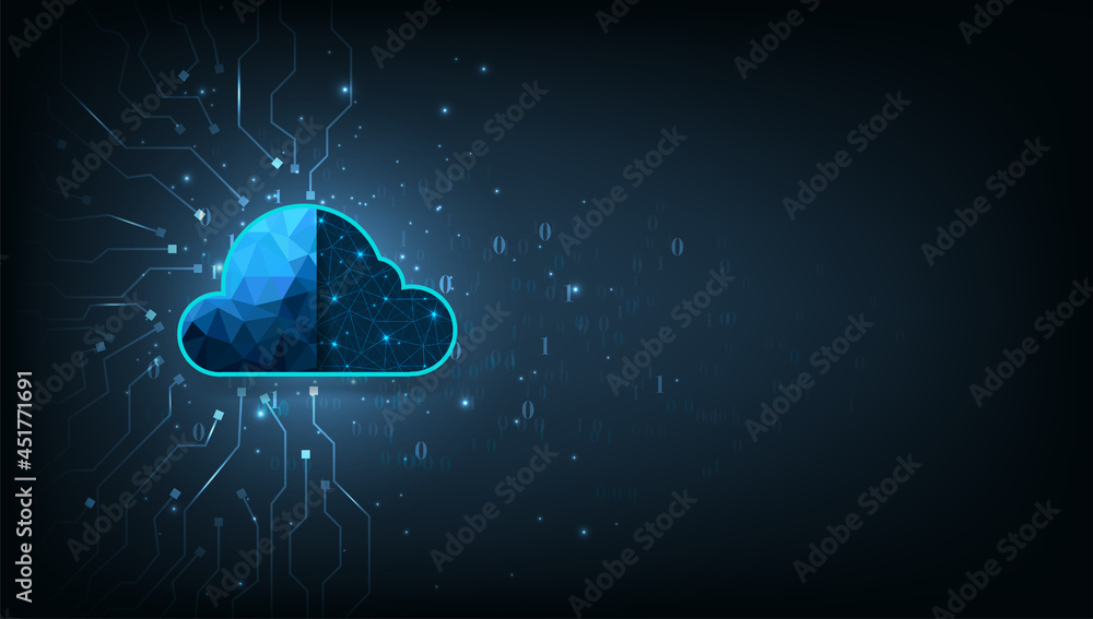 Poster cloud technology design concept.visualization of cloud technology on digital electric circuit circle