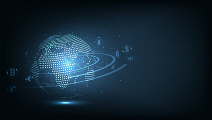 Money Transaction Technology Concept.Global network connection.Money transfer. Foreign exchange.Payment mechanism.Global Currency. Vector Illustration.