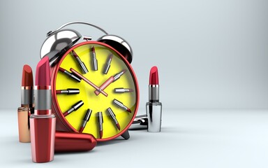 Alarm clock and lipstick close-up. Place for your text. Creative 3d illustration