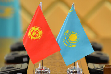 kazakhstan and kyrgyzstan flag, kazakhstan flag, kazakhstan flag, kazakhstan and kyrgyzstan meeting, flags, kazakhstan - obrazy, fototapety, plakaty