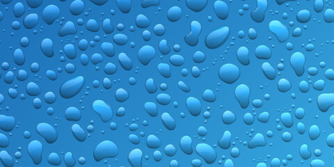 Water drops on blue background. Condensation of realistic pure rain droplets