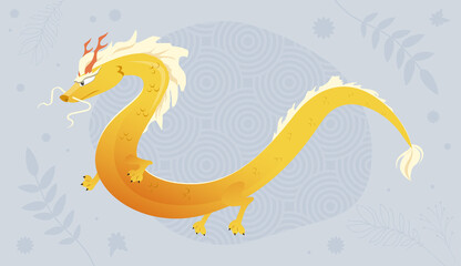 Asian golden dragon illustration for postcard. Flying chineese dragon on pattern background