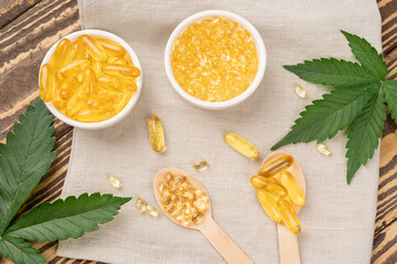 Hemp oil and pills. Alternative medicine concept.