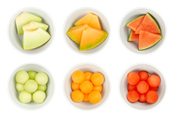 Melon slices and balls in white bowls. Galia, honey Cantaloupe melon and watermelon, freshly cut...