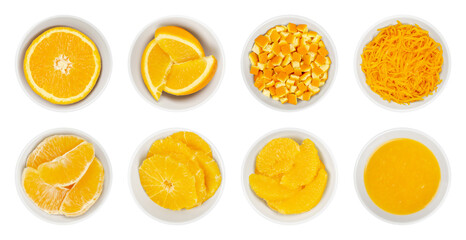 Fresh and processed oranges, in white bowls. Orange half, wedges, cutted peel, zest, segments, cross sections, supreme cut and freshly squeezed orange juice. Isolated from above, on white background. 