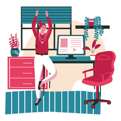 Different people exercise in the workplace scene concept. Woman training yoga on break, standing in tree position. Office work people activities. Vector illustration of characters in flat design