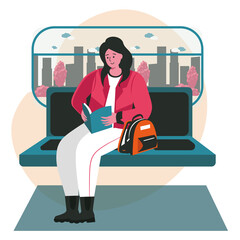 People lovers of literature with books scene concept. Woman passenger reads book while riding subway. Learning, hobbies and leisure people activities. Vector illustration of characters in flat design