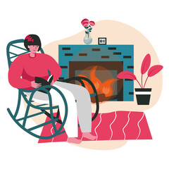 People lovers of literature with books scene concept. Woman reads sitting in rocking chair at fireplace. Learning, hobby and leisure people activities. Vector illustration of characters in flat design