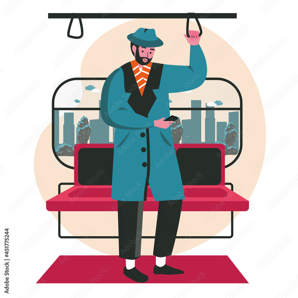 Poster people use smartphones in different locations scene concept. man stands and browsing or networking o