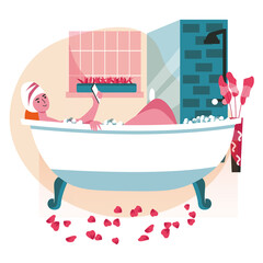 Naklejka premium People use smartphones in different locations scene concept. Woman lying in bathtub and browsing or networking, relaxing in bathroom people activities. Vector illustration of characters in flat design