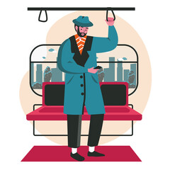 People use smartphones in different locations scene concept. Man stands and browsing or networking on mobile phone riding subway people activities. Vector illustration of characters in flat design