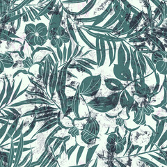 Abstract creative seamless pattern with tropical plants and artistic background. Modern exotic design for paper, cover, fabric, interior decor 
