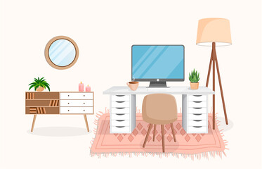 Modern interior for home office with computer, cabinet, remote work, freelancing, education. Workplace with houseplants. Vector illustration in flat cartoon style. Comfortable workplace and apartment.