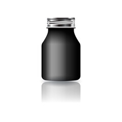 Blank black round supplements, medicine bottle with silver screw lid for beauty, healthy product.
