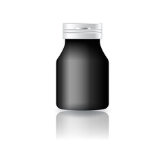Blank black round supplements, medicine bottle with white cap lid for beauty, healthy product.