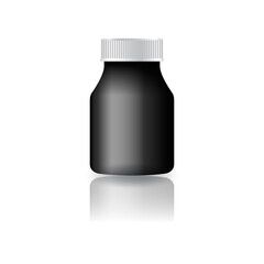 Black round supplements, medicine bottle with white grooved lid for beauty, healthy product.