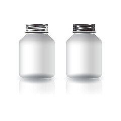 Blank white round supplements, medicine bottles with silver-black screw lid for beauty, healthy product.