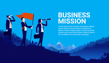Business mission - Proud and determined businesspeople standing on hilltop in epic landscape raising flag on searching for success. Vector illustration - obrazy, fototapety, plakaty
